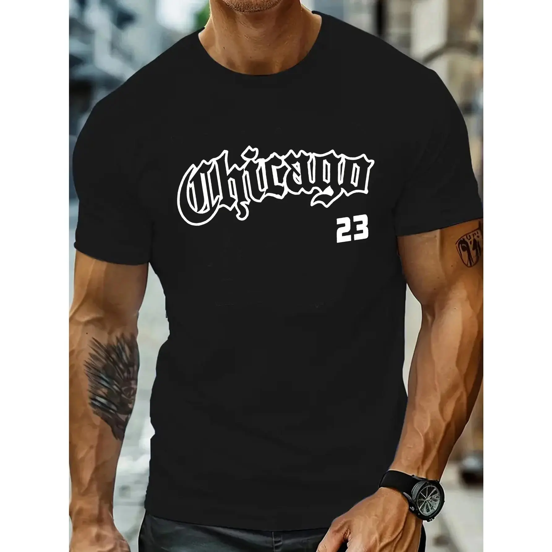 Men's 100% Cotton Chicano 23 Urban Print Short-Sleeve Round Neck Tee, Breathable Soft Casual Sports Top for Cultural Pride Daily Wear, Streetwear Sport Apparel, Casual Sports Tops