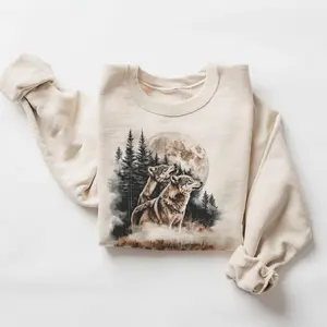 Retro Wolves Howling At The Moon Sweatshirt - 90s Wolf Foggy Forest Wilderness - Boho Unisex Cotton