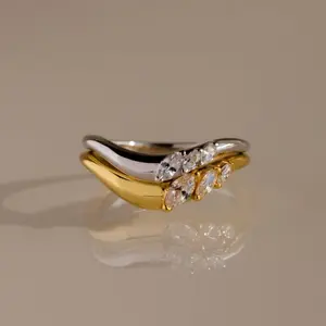 Mixed Metal Diamond Curve Ring Set by Caitlyn Minimalist - Set of 2 Marquise Dome Rings in 18K Gold & Silver Finish - Unique Curved Stacking Rings - Trendy Mixed Metal Jewelry - Birthday Gift