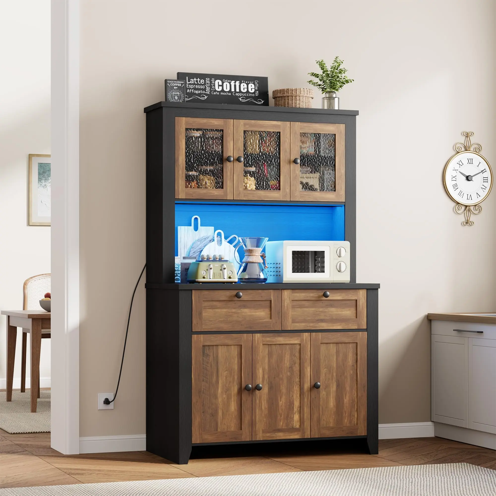 YJ-Garvee Farmhouse Kitchen Storage Cabinet with Charging Station, Countertop, Drawers, Adjustable Shelves & Water Ripple Design, Black & Brown Color Blocking for Kitchen, Dining Room, Kitchen Storage Cabinets