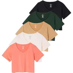Real Essentials 5 Pack: Women's Dry-Fit Short Sleeve V-Neck Crop Top Boxy Athletic Tee