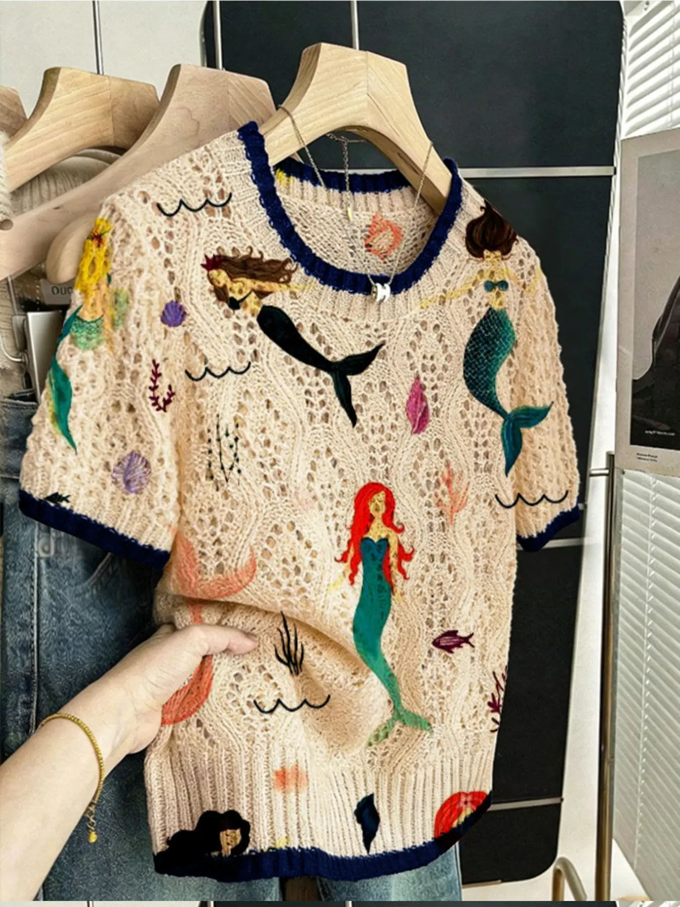 Women's Mermaid Print Knit Sweater T-Shirt, Round Neck Short Sleeve, Casual Loose Fit, Breathable Hollow Design, All Seasons Wear