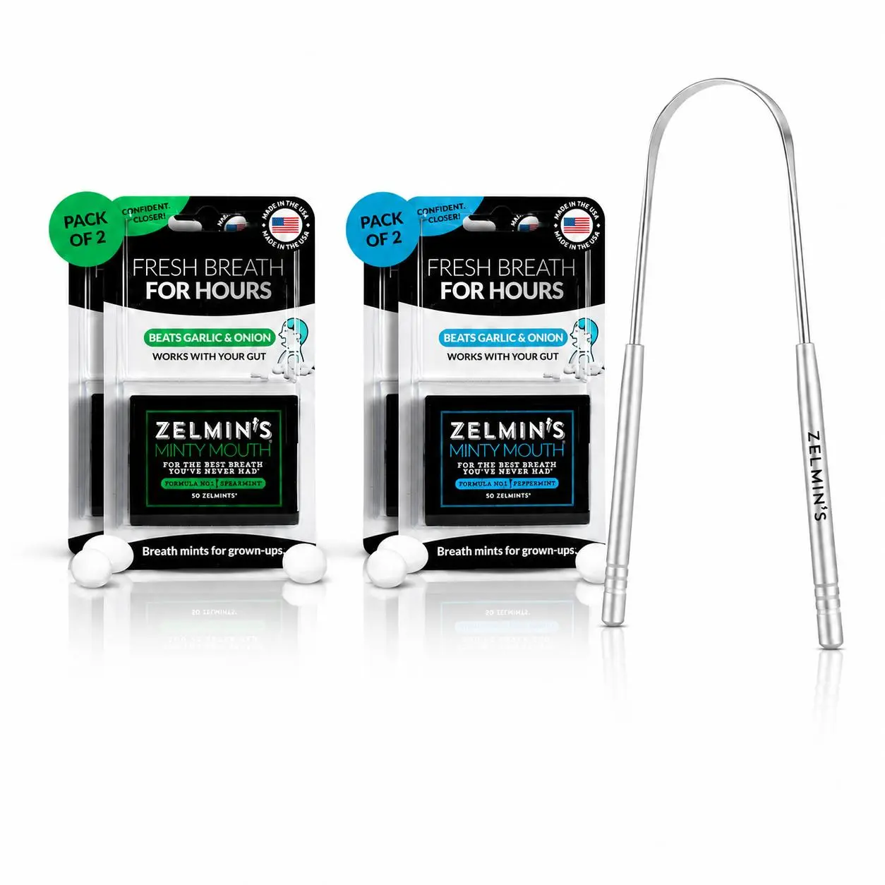 Zelmin's Minty Mouth | Fresh Breath Kit / Spearmint 3-Pack- Peppermint 1-Pack + Tongue Scraper / Crisp & Refreshing Breath Freshener Capsules / Two-Handle Design Stainless Steel Tongue Scraper
