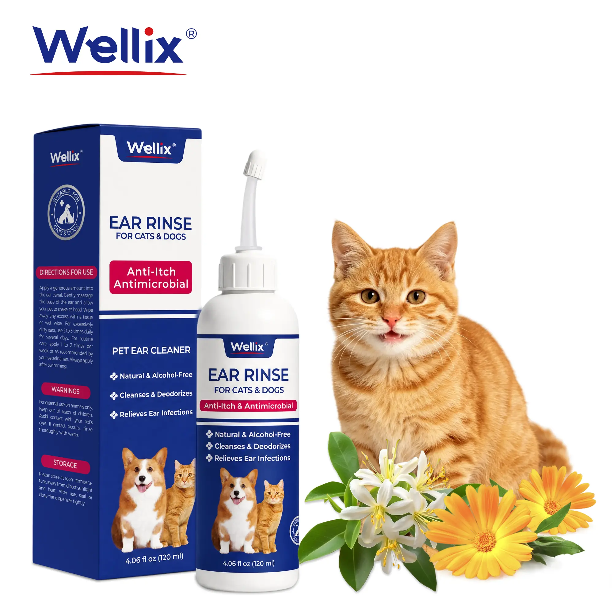 Wellix 120ml Ear Cleaner for Dog & Cat - Ear Infection Treatment Without Irritation - Dog Ear Wash for Itch Relief & Soothing Inflammation - Ear Wax, Powder and Odor Removal Drops