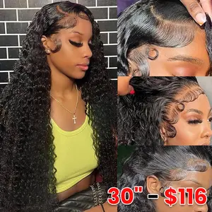 [30" =  $116] Deep Wave Lace Front Wigs Human Hair Pre Plucked 180% Density 13x6 HD Transparent Lace Frontal Wigs for Women Glueless Brazilian Wig Natrual Hairline TikTokShopBlackFriday