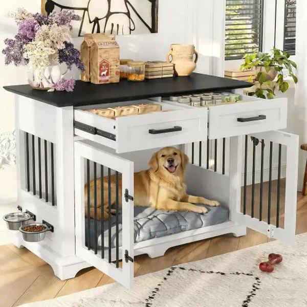 [Bellemave]44.48" Large Dog Crate Furniture, Indoor Wooden Dog Kennel End Table with 2 Storage Drawers and Rotating Bowls, Decorative Pet Cage Dog House for Medium Dogs, White and Black