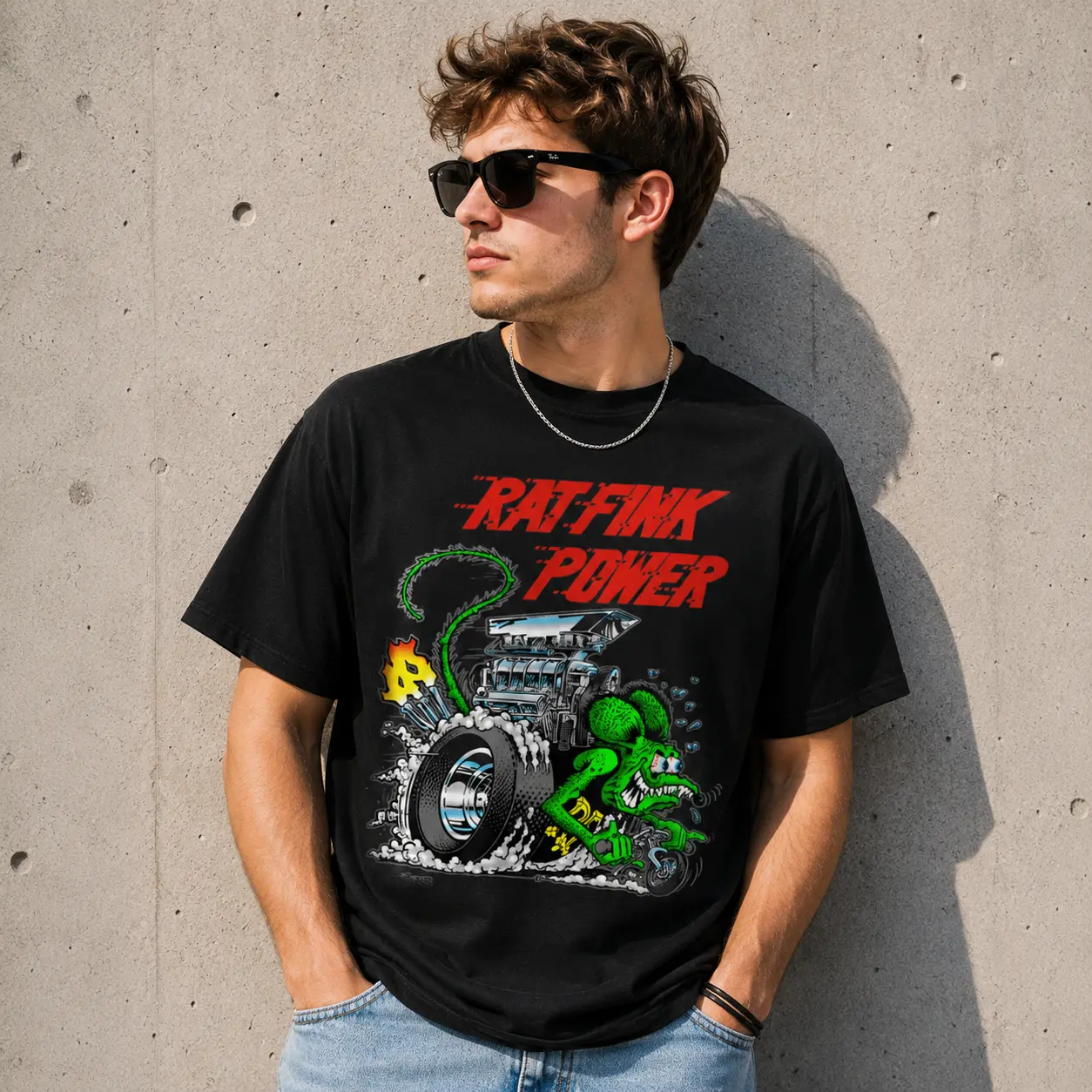 Ed Roth Rat Fink Power Graphic Tee | Vintage Hot Rod Cartoon T-Shirt | Rat Fink Monster Unisex Cotton Shirt | Retro Kustom Kulture Streetwear | Car Fan Gift