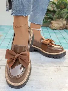 Women's New Round Toe Thick Sole Bow Loafers, Bowknot Design Flats, Comfortable Casual Daily Wear Shoes, Large Size Fashion Sneakers, Spring Summer Fall Winter, Casual Trendy Flat