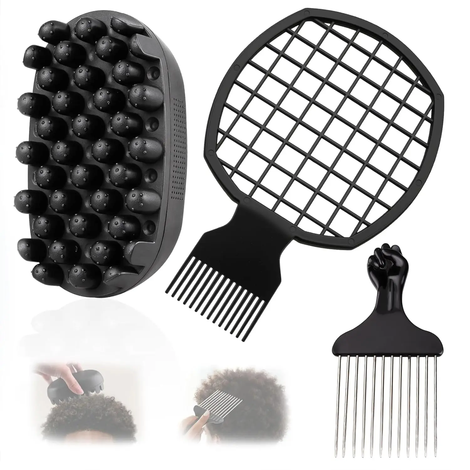 3-Piece Hair Styling Kit with TPE Sponge, Curl Brush & Metal Afro Pick for Natural Hairstyles - Gentle Detangle & Washable for Men's Curls, Coils & Dreads, Gentle Detanglers, Metal Picks