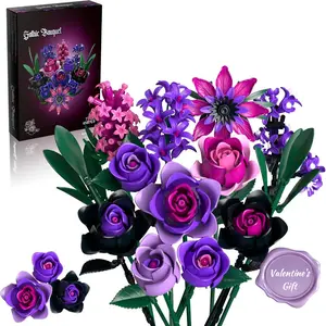 Purple Rose Bouquet Building Set, Diy Flower Gothic Artificial Botanical Collection Artificial Roses Faux Bouquets Christmas Mother's Day Valentine's Gifts Halloween Home Decor for Adults Women (458 PCS)