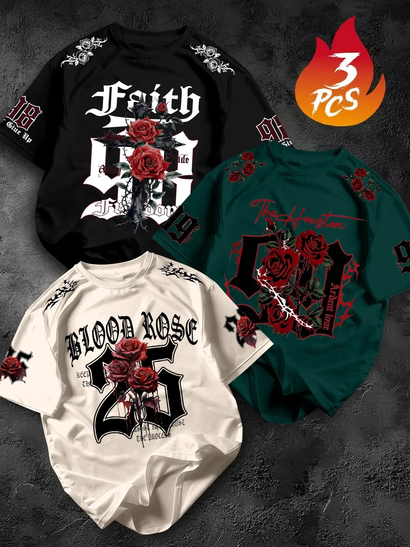 Men's Summer Street Style Casual Streetwear Gothic Rose Short Sleeve T-Shirt Set, Classic Round Neck, Loose Fit, Soft, Breathable, Durable, Versatile, Menswear