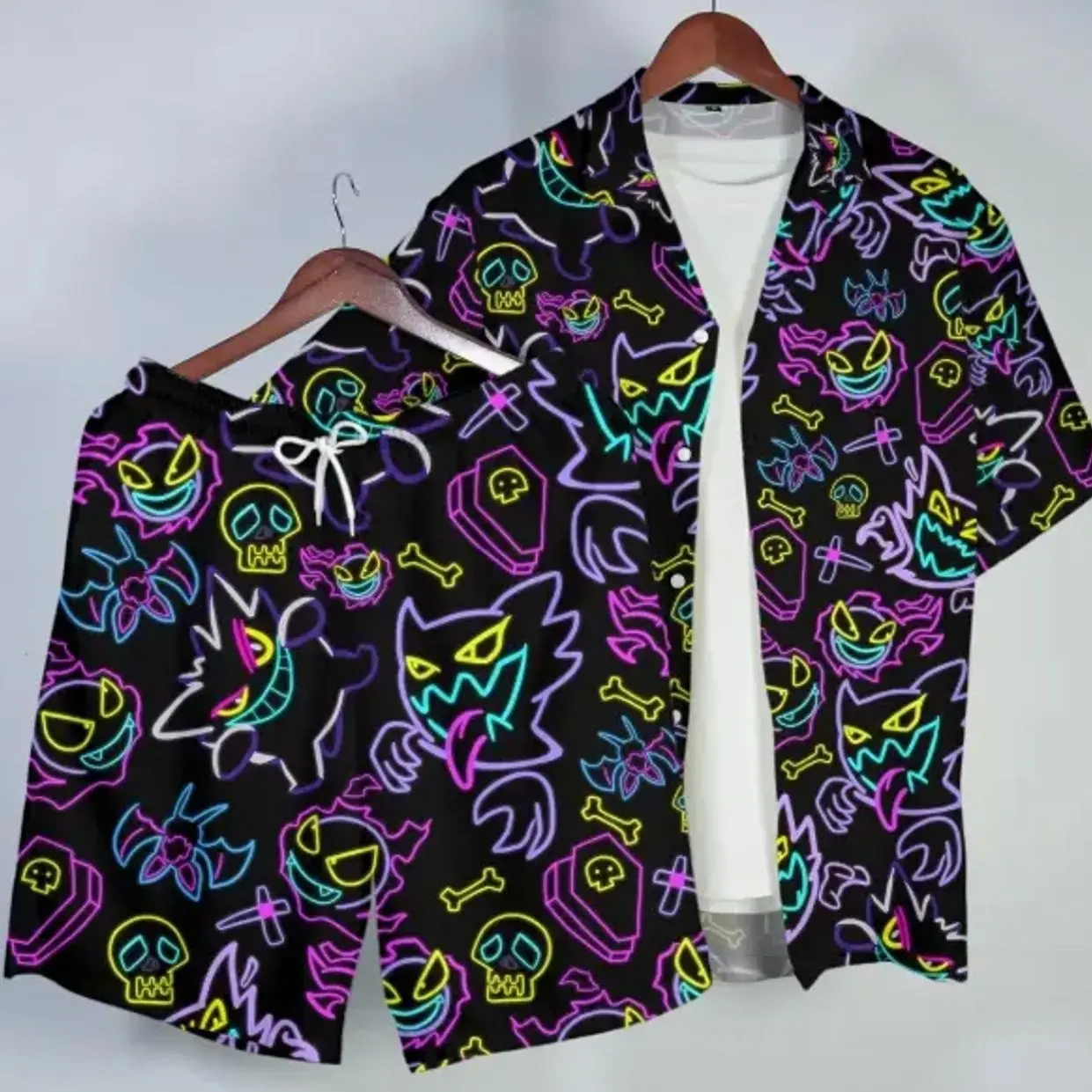 Fresh Summer Cute Neon Ghost PKM Hawaiian Shirt Shorts Set, Youthful Anime Gengar Mischievous Button Shirt, Purple Phantom Costume Suit Unisex