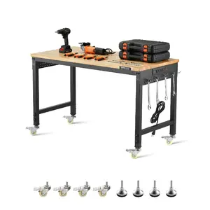 VEVOR 48-Inch Adjustable Workbench, 2000 lbs Load, Work Bench with Power Outlet, Wheels, and Pegboard, Heavy Duty Oak Wood Top Work Table for Garage, Workshop, Office, and Home