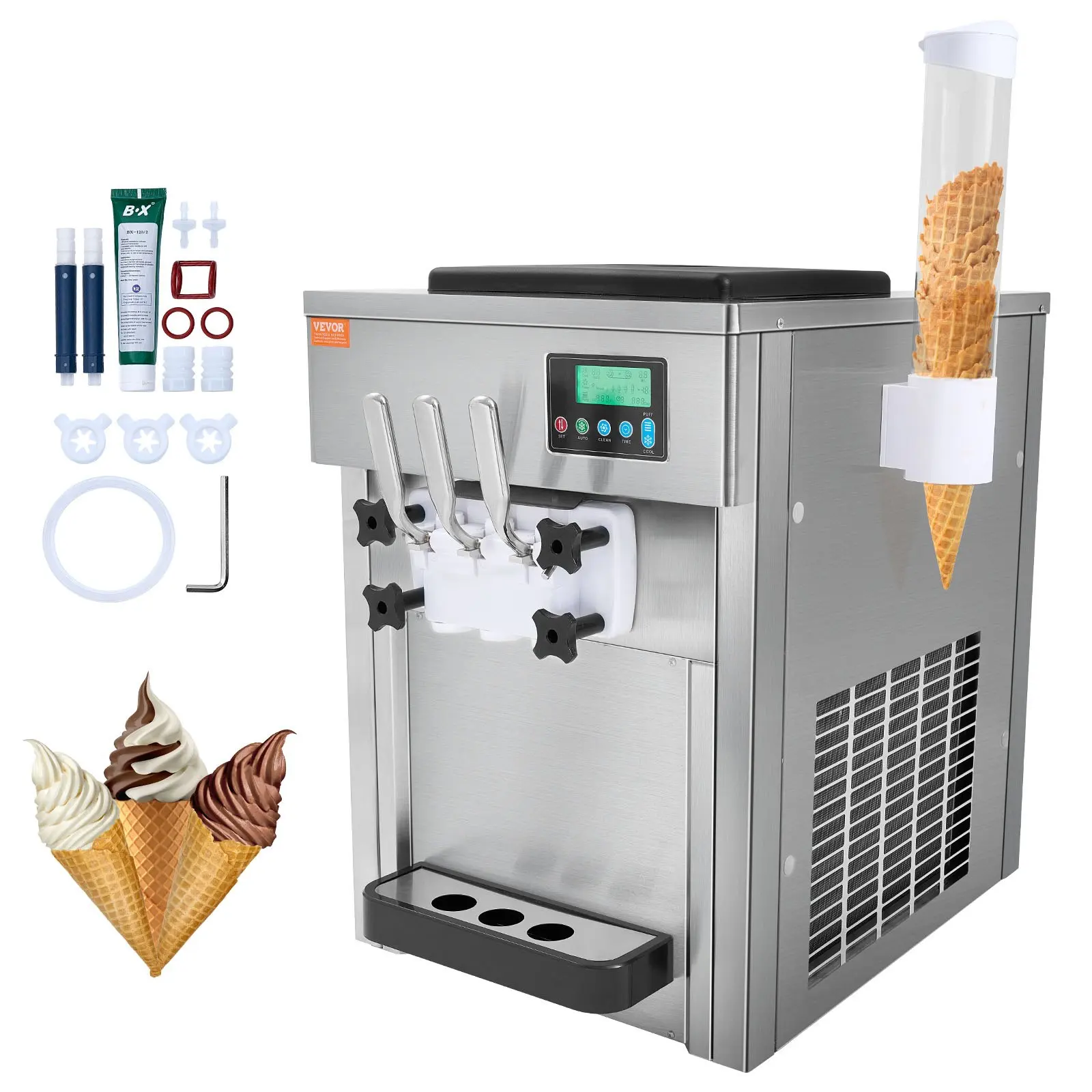【DealsForYouDays】VEVOR Commercial Countertop Soft Serve Ice Cream Machine, Desktop Model with 21QT/H Yield, 1800W 3-Flavor Maker, 2x4L Hoppers, 2x1.8L Cylinders, LCD Panel, Auto Clean, Pre-Cool, Low Material Alarm for Restaurants