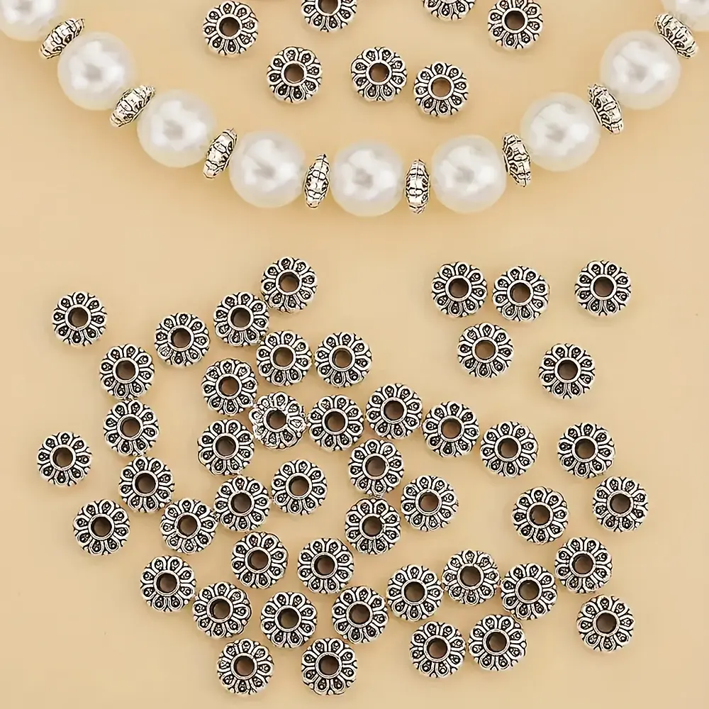 6mm Antique Silvery Zinc Alloy Engraved Flower Spacing Beads (200pcs) - DIY Beading & Jewelry Making Supplies, Decoration Accessories for Bracelet Crafts, DIY Enthusiasts