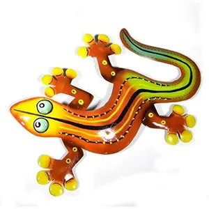 WorldBazzar Clearance 12" Beautiful Unique Orange Red Yellow Gecko Lizard Metal Garden Lanai Art Tropical Island Wall Art Scratch and DENT Sale
