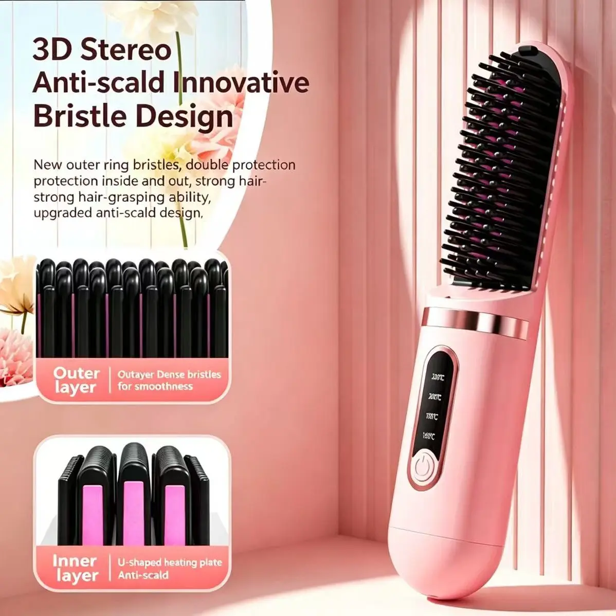 Wireless Portable Mini Straightening Comb, Three Colors, Constant Temperature Anti-Burn LED Display, USB Charging, Four Temperature Settings, Thermal Brush Straightener