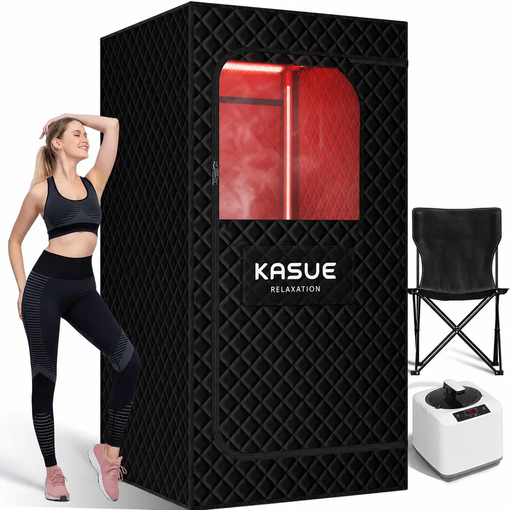 KASUE Upgraded Infrared Sauna Box for Relaxation,Detoxification,Portable Steam Sauna for Home with XL Steamer,Folding Chair,Multiple Layered Full Body Sauna Tent for Spa,Indoor,Outdoor,Gym-Black