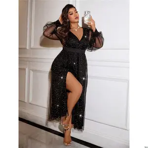 Mesh With Sleeve Neck V Solid Size Celure Plus Color Deep - Long Dress Inset High Slit