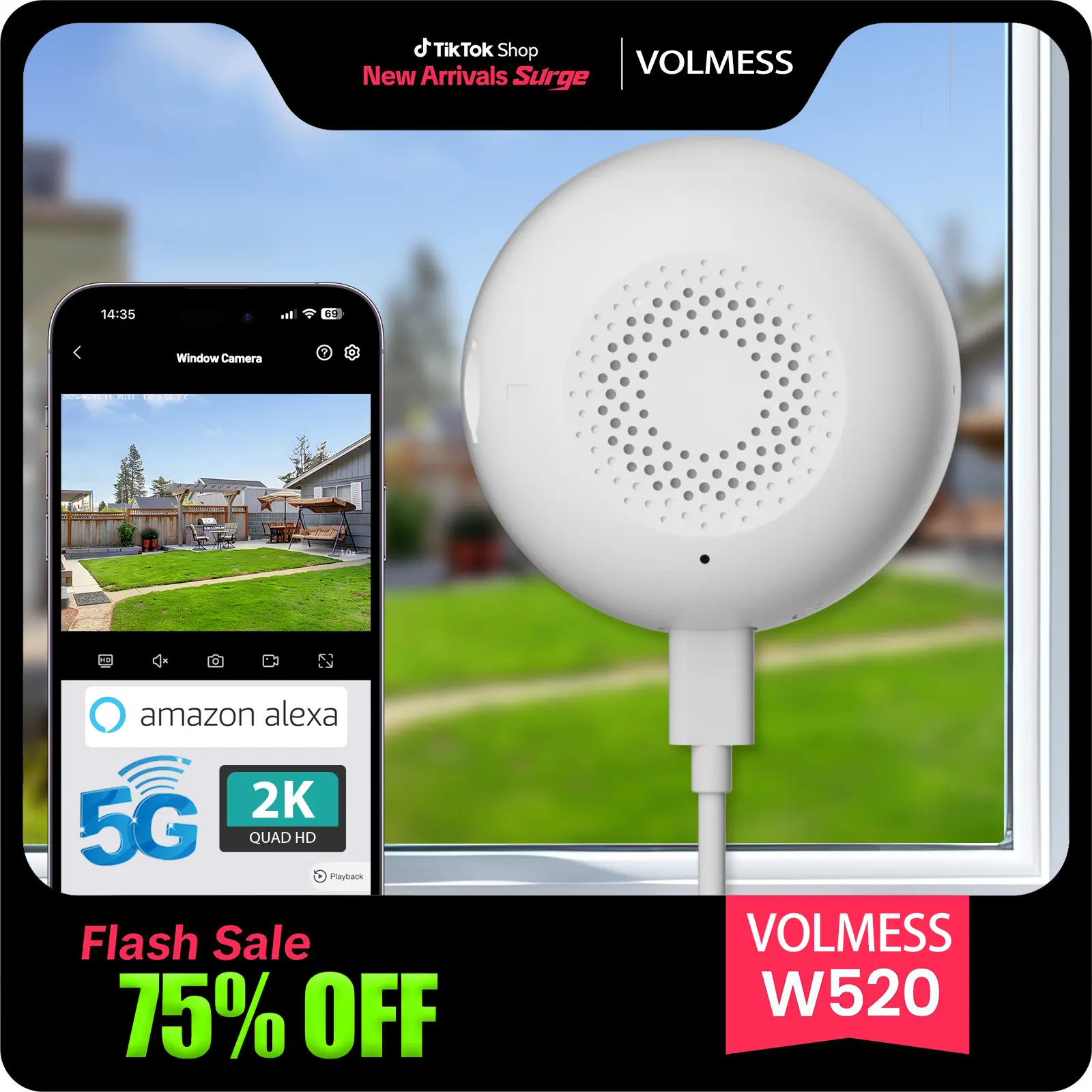 2K HD Wireless Window Camera, 5GHz&2.4GHz WiFi Indoor Cameras for Home Security Al Color Night Vision,Person,Pet,Vehicle & Motion Detection,24/7 Recording,Easy & Quick Install
