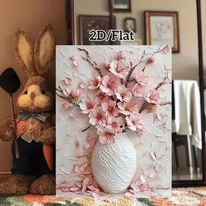 [Chic Canvas Print] 1pc Chic Artistic Vase Canvas Print | 2D Flat, 30x40cm Frameless Wall Decor with Pink Peony & Cherry Blossom Design, 2D Flat Ink on Canvas for Home, Office, Cafe, Living Room, Bedroom, Modern Classic Art Decor, Flower Decor