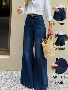 Women's High Waist Wide Leg Jeans, Deep Blue Washed Stretch Denim, Front Back Pockets, Loose Fit Floor-Length, Casual Daily Wear