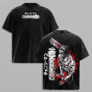 TWO Ver Chainsaw Man Denji Vintage Washed Black Graphic Tee - Premium Heavyweight Cotton Oversized Streetwear - Durable DTG Print Anime Manga Merch Shirt - Perfect Gift for Otaku Fans & 90s Style Aesthetic
