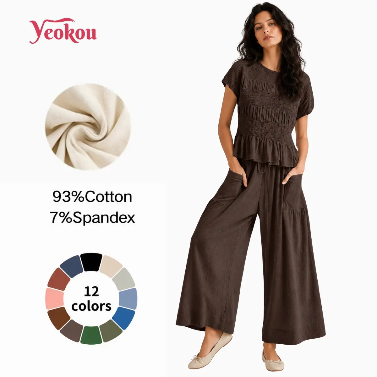 Yeokou Back to School Women's 2-Piece Trendy Boho Outfits - Cotton Smocked Top and High Waisted Wide Leg Lounge Pants with Pockets, Two Piece Sets