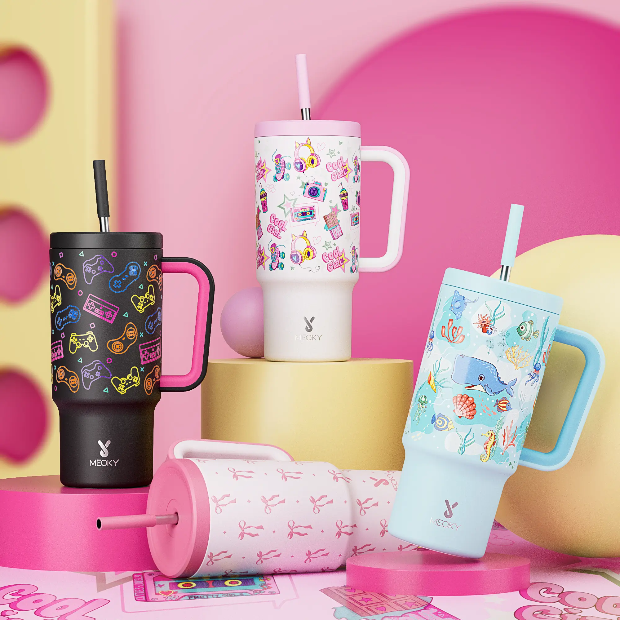 【Meoky】24oz Insulated Vacuum Tumbler Flask - Portable, Leakproof, BPA-Free Stainless Steel Cup with Handle, Straw, Stripes (500-1000ml) for Travel, School (Kids),Flasks, Modern#backtoschool#backtoschoolseason