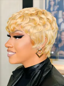 Layered Pixie Cut Wigs Human Hair Short Curly Wigs With Bangs Breathable Full Machine Made Wig For Women Natural Black 27 Blond Glueless Afro Kinky Curly Wig Human Hair Short Fluffy Curly Wigs Human Hair Pixie Cut Afro Wig For Black Women Machine Made 8 I