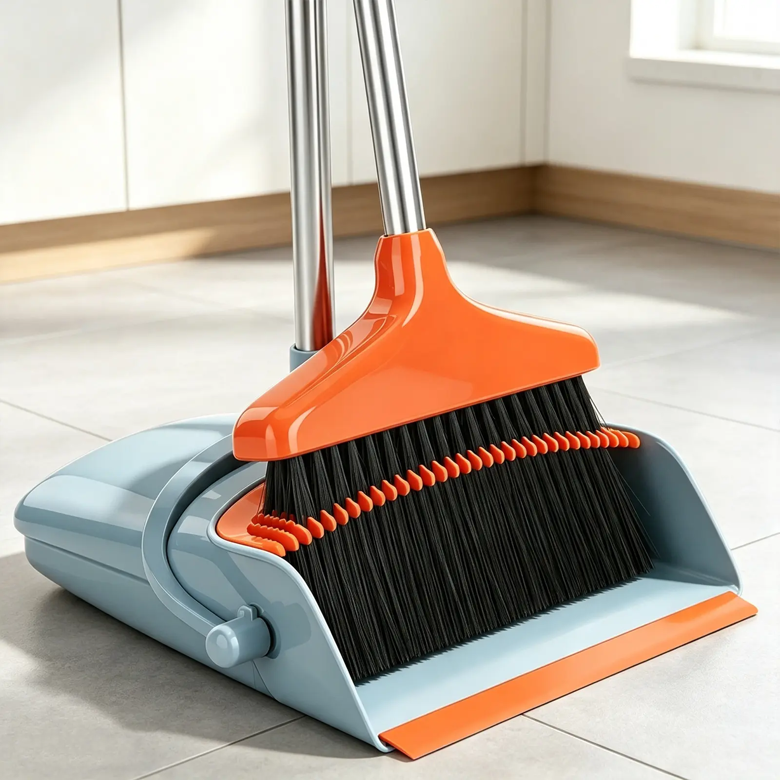 Upgrade Broom and Dustpan Set, Self-Cleaning with Dustpan Teeth, Indoor&Outdoor Sweeping, Ideal for Dog Cat Pets Home Use, Stand Up Broom and Dustpan