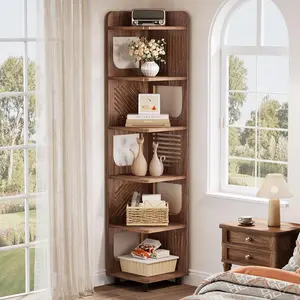 LITTLE TREE 6-Tier Tall Corner Shelf, 71-Inch Rustic Narrow Corner Bookshelf Bookcase with Square Rack, Freestanding Corner Display Storage Shelf Organizer for Living Room, Kitchen, Office