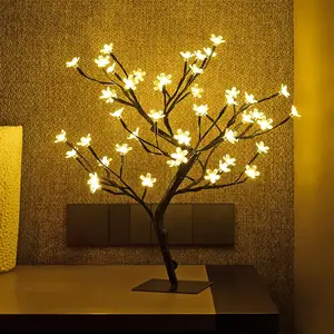 2pc 18 Inch Cherry Blossom Bonsai Tree, 48 LED Lights, 24V UL Listed Adapter Included, Metal Base, Warm White Lights, Ideal as Night Lights, Home Gift Idea