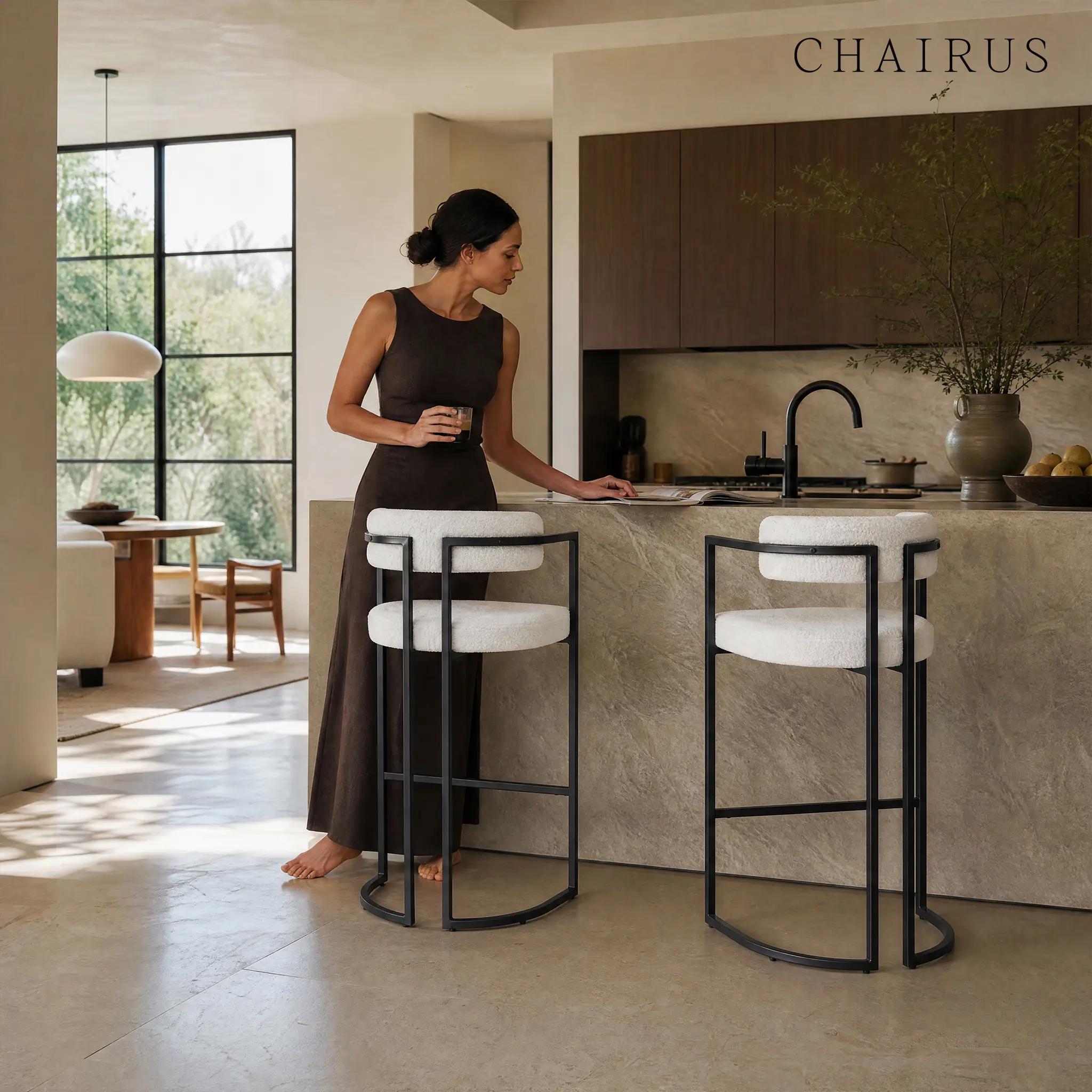 CHAIRUS 30-inch Supportive Armless Barstools Set of 2, White Sherpa Upholstered Curved Back Barrel Chairs, Durable Black Metal Legs, Assembly Required for Kitchen Island Home Decor