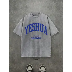 Retro Washed 230G Pure Cotton T-Shirt, "YESHUA HE SAVES" Letter Graphic Single Side Print, Christian Faith Gift, Men Casual Street Style Cotton Tee