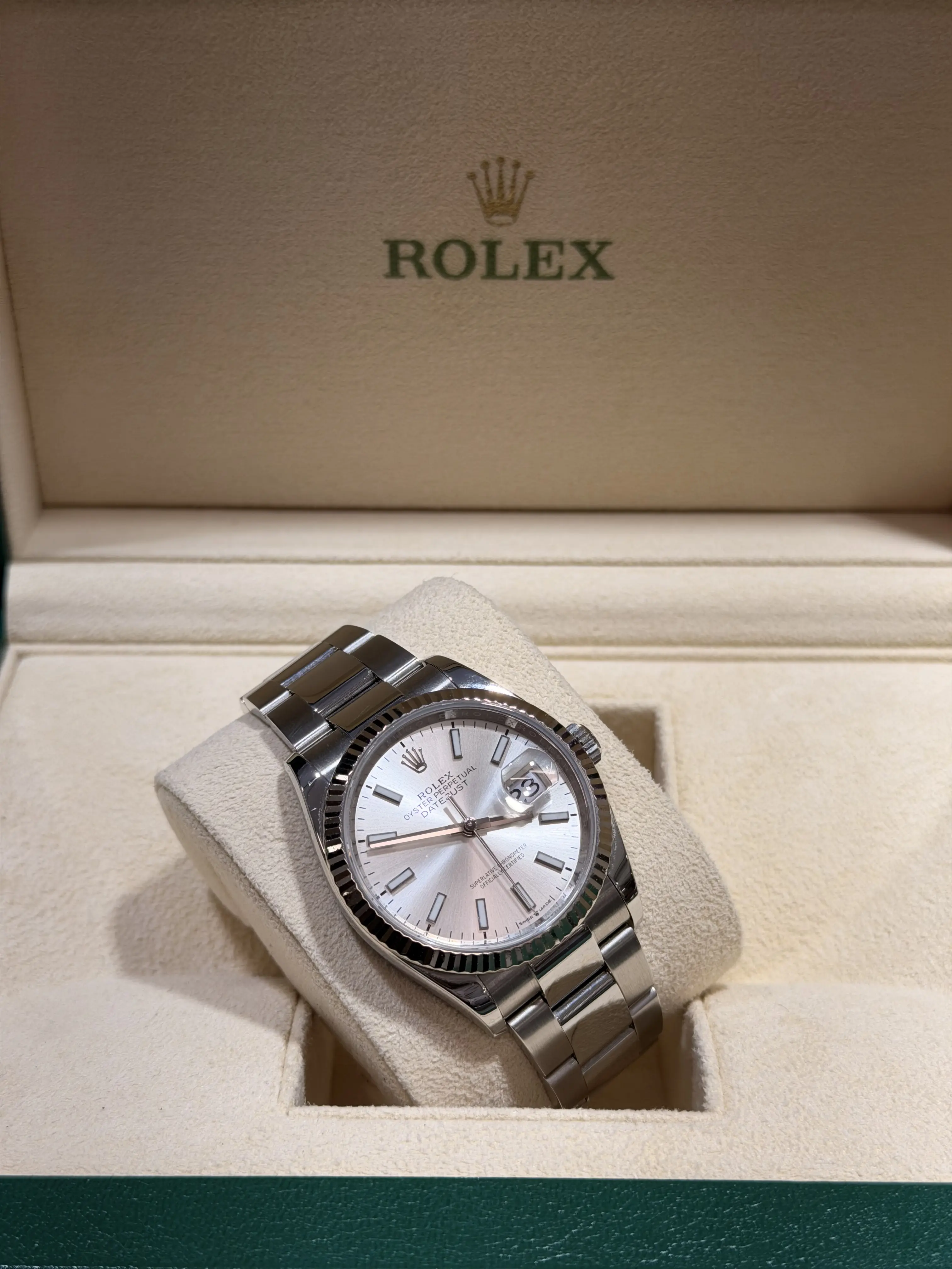 Rolex Datejust 36 mm Silver Stick Dial Oyster Bracelet Fluted Bezel Stainless Steel Watch