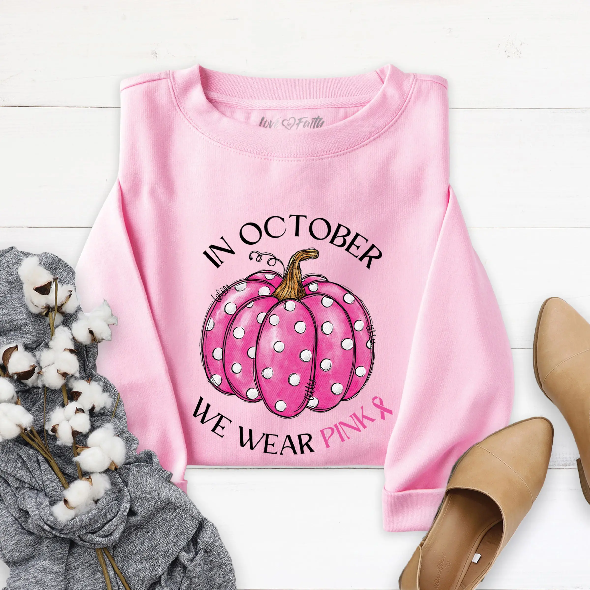 Love in Faith Breast Cancer Awareness Soft Embroidery Sweatshirts for Women, Everyday Tops for Women, Comfortable Womenswear Hoodies & Tops