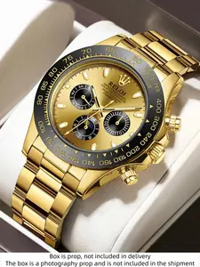 Luxury gold men's chronograph watch with stainless steel strap and Butterfly Clasp, waterproof sports watch, featuring moon phase display, fashionable casual Quartz Movement Wristwatch, suitable for men