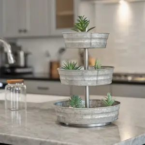 3 Tier Galvanized Round Metal Tray, 18"