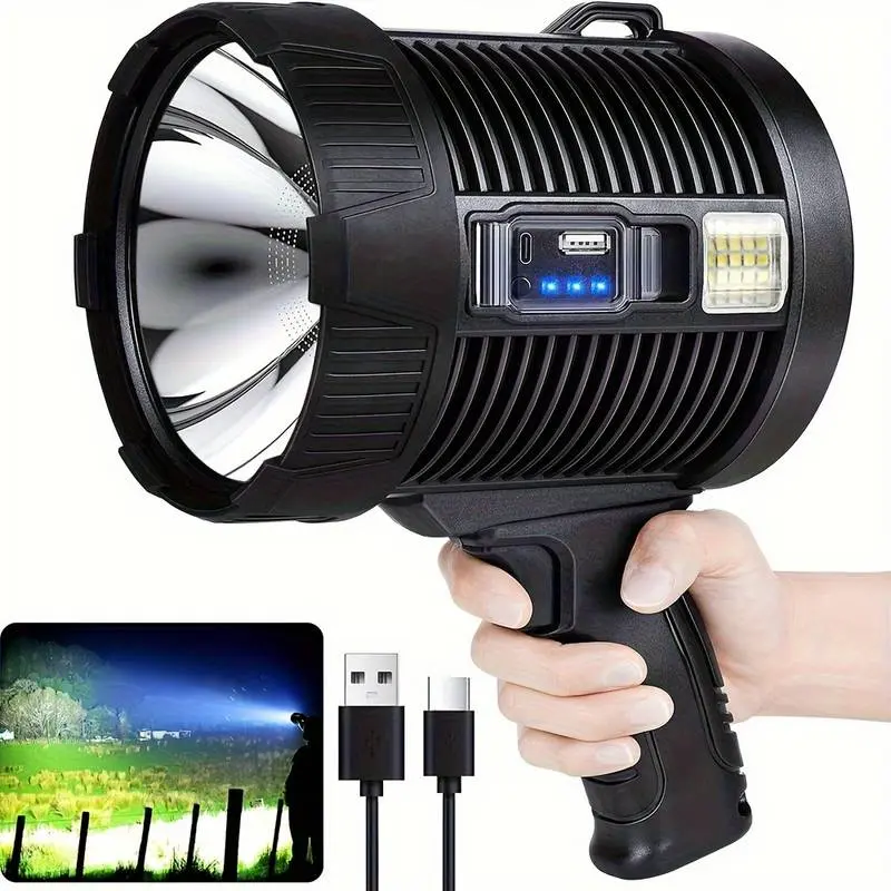 Rechargeable LED Spotlight - USB/Solar Charging, IPX5 Waterproof, 6-Mode Handheld Flashlight with Foldable Tripod, Impact Resistant for Camping, Hunting, Boating