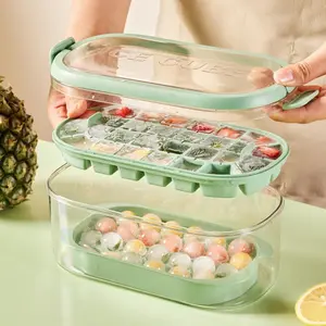BPA-Free Round Ice Cube Tray Set with Transparent Cover, Portable Bin, Scoop & Easy-Release Molds - Freezer Beverage Ice Maker for Outdoor Picnics, Camping - Kitchen & Bar Utensils