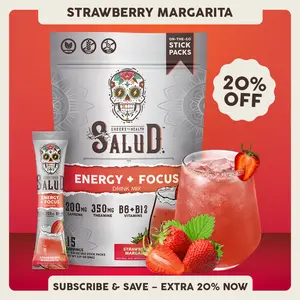 Salud 2-in-1 [Energy + Focus – Strawberry Margarita] Clean Energy Drink Mix, Agua Fresca, Organic Caffeine, B6 & B12, L-Theanine, Drink Packets, Non-GMO, Gluten Free, Vegan, Low Calorie, 1g Sugar (15 Servings)