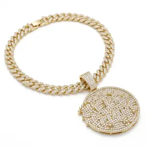 Iced-Out Cuban Link Chain with Spinning Disc Pendant, Gold Plated Hip-Hop Necklace for Men/Women, Statement Bling Jewelry