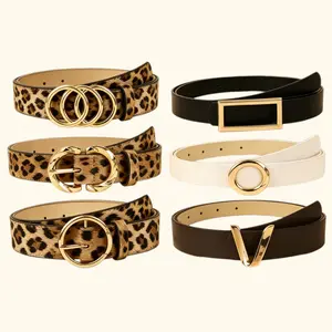 6 Pack Women's Solid Color & Leopard Print Belts, Fashion Gold Multi Buckle Styles Triple Ring Square Oval V Buckle Waist Belts for Women, Adjustable Versatile Belts for Jeans Dresses Daily Casual Party Outfits, Multi Colors Fit Most Waist Sizes