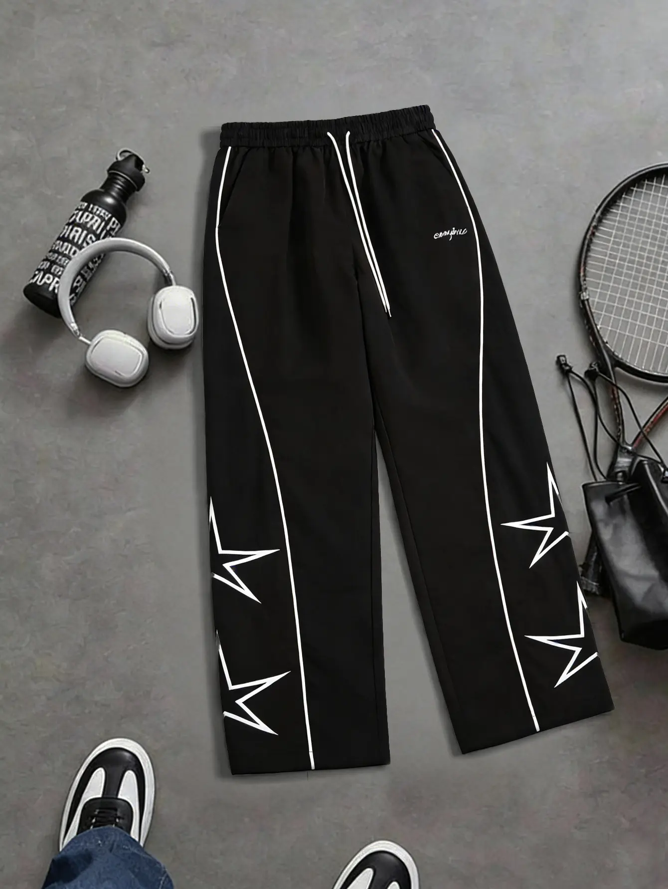 Men's side star printing sports trousers contrasting lines splicing fashion drawstring waist design comfortable and breathable casual fabric suitable for daily fitness and street wear, Sweats