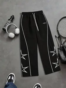 Men's side star printing sports trousers contrasting lines splicing fashion drawstring waist design comfortable and breathable casual fabric suitable for daily fitness and street wear, Sweats
