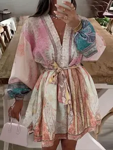 Women's Boho Long Sleeve Short Dress, Casual Beach Vacation Holiday Summer Dress, Womenswear