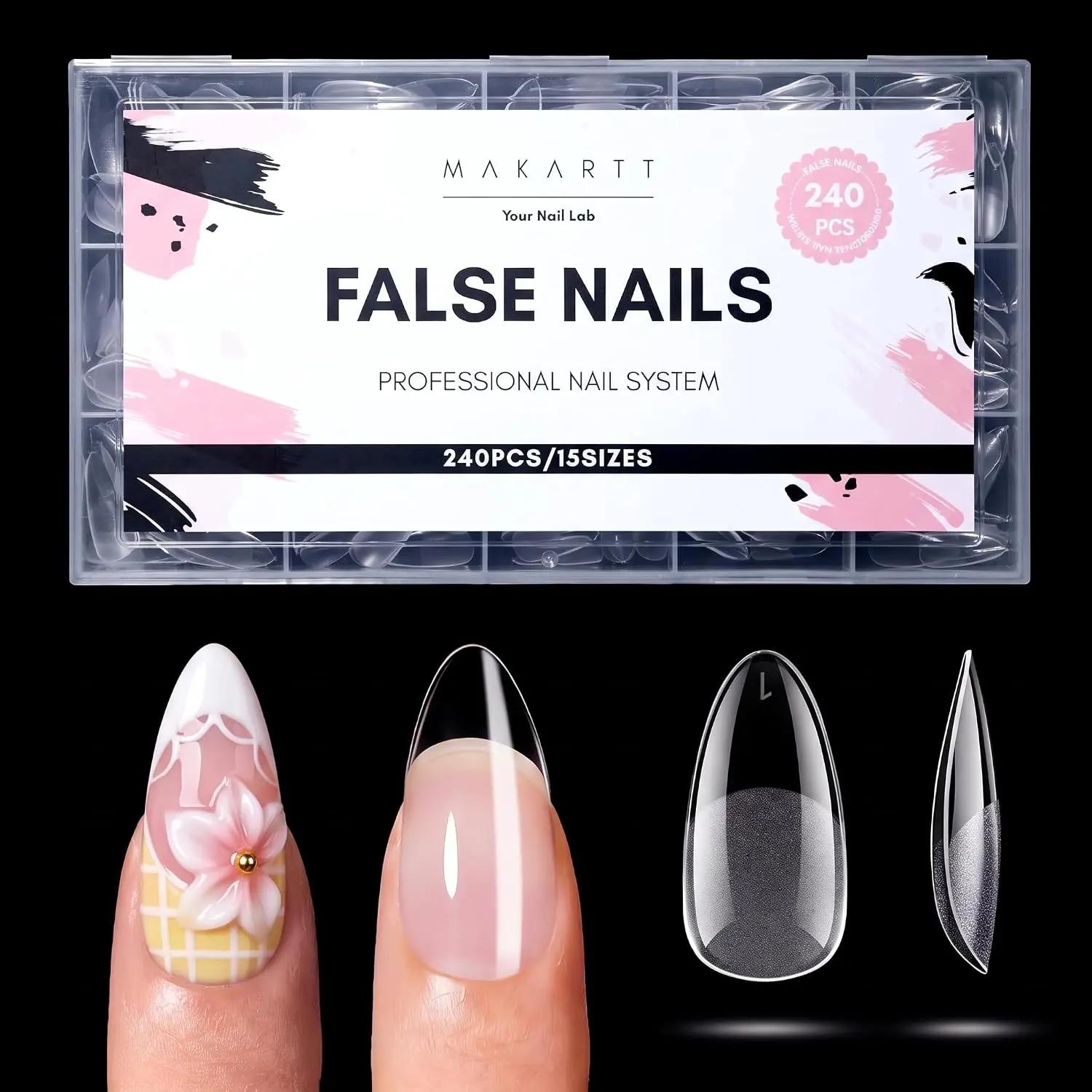 Makartt Medium Almond Nail Tips: 240PCS, 15 Sizes, Half Matte, Clear Fake Nails Stiletto Shapes - Full Cover Soft Acrylic Press On Nail Extensions for Flat Natural Nail Beds Salon and Home DIY