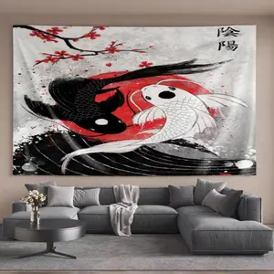 Minimalist Tapestries Yin and Yang Koi fish with cherry blossoms Classic Design Suitable for living rooms