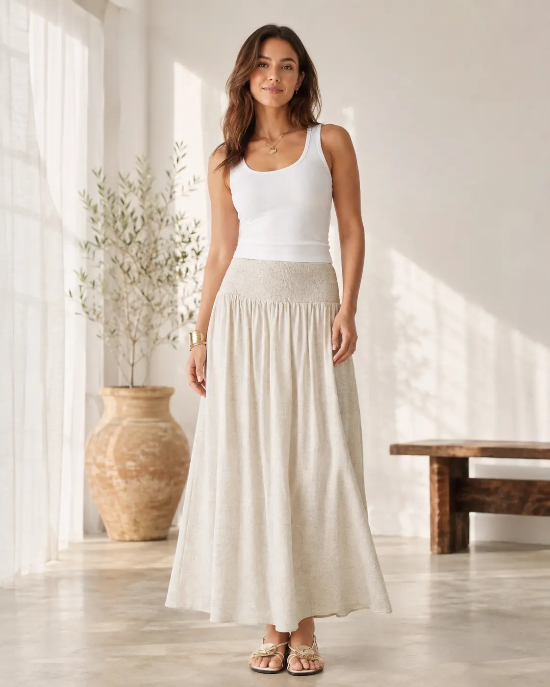 Women's European Linen Smocked Waist Skirt with Pockets - Linen Ivory